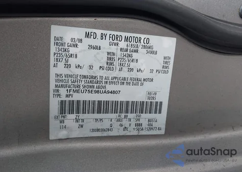 2008 Ford Explorer Limited z USA, uszkodzony, nr VIN 1FMEU75E98UA94807